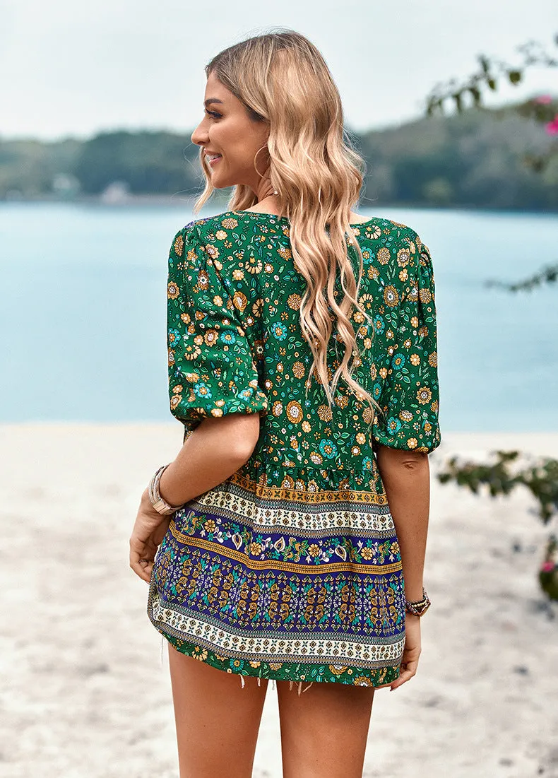 Bohemian Print Commuter V-Neck Lantern Sleeve Blouses Wholesale Women'S Tops