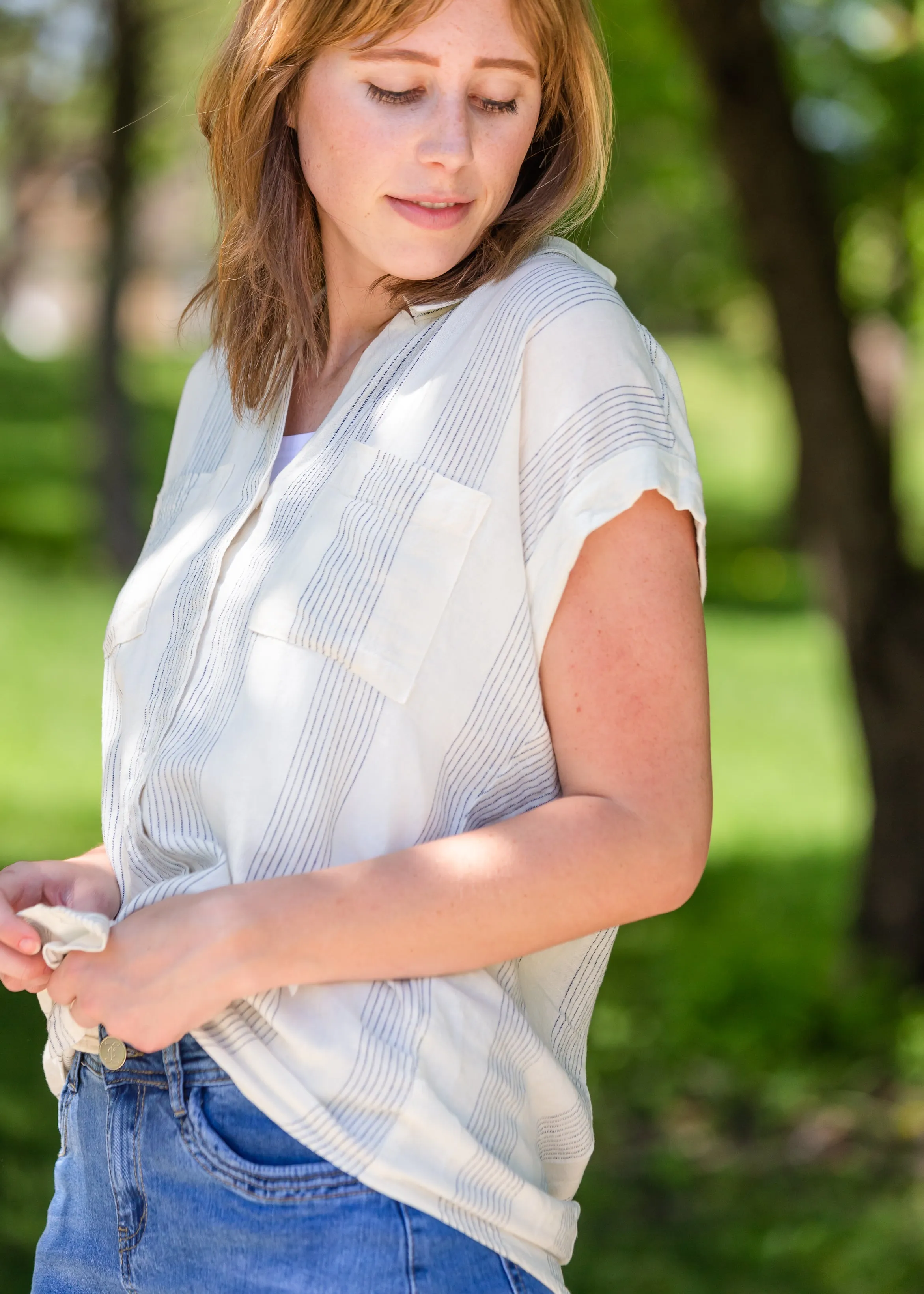 Button Up Oversized Striped Short Sleeve Top - FINAL SALE