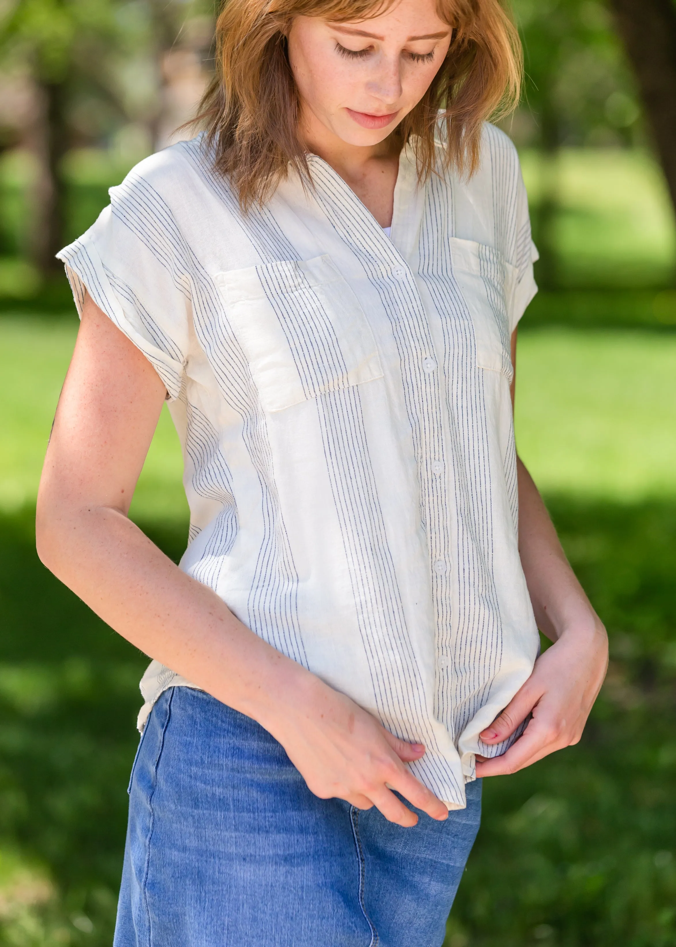 Button Up Oversized Striped Short Sleeve Top - FINAL SALE