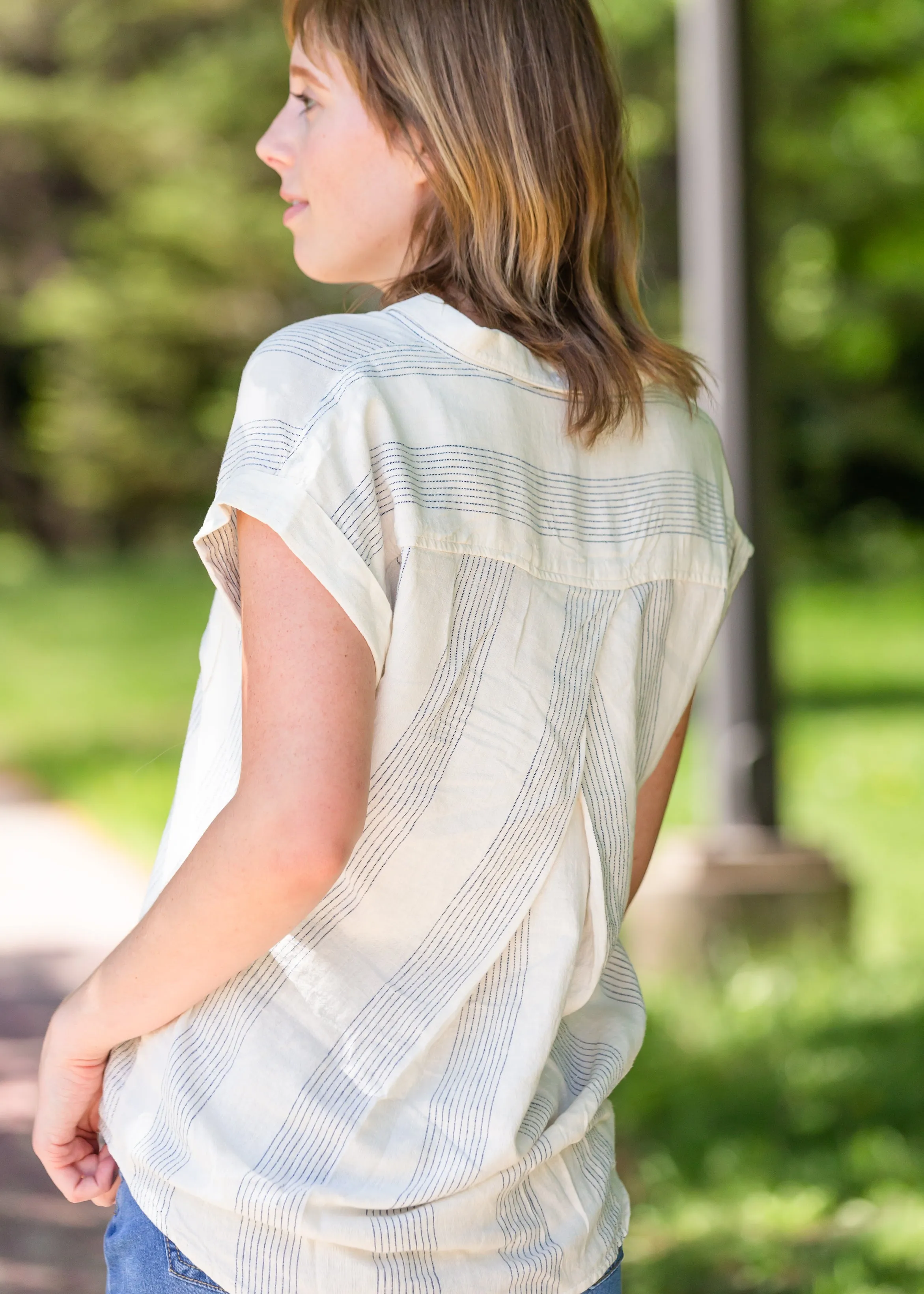 Button Up Oversized Striped Short Sleeve Top - FINAL SALE