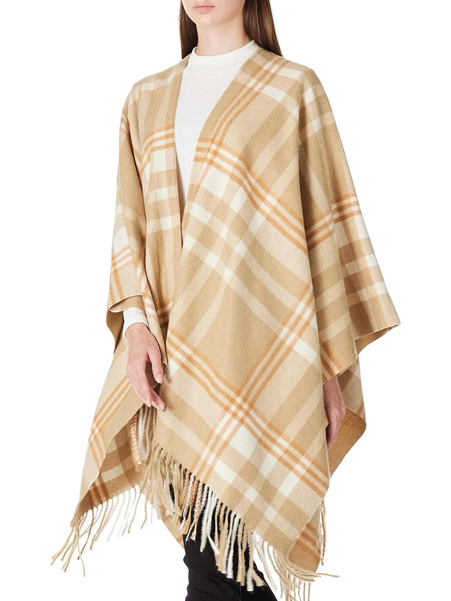 Camel Cream Plaid Poncho Cape