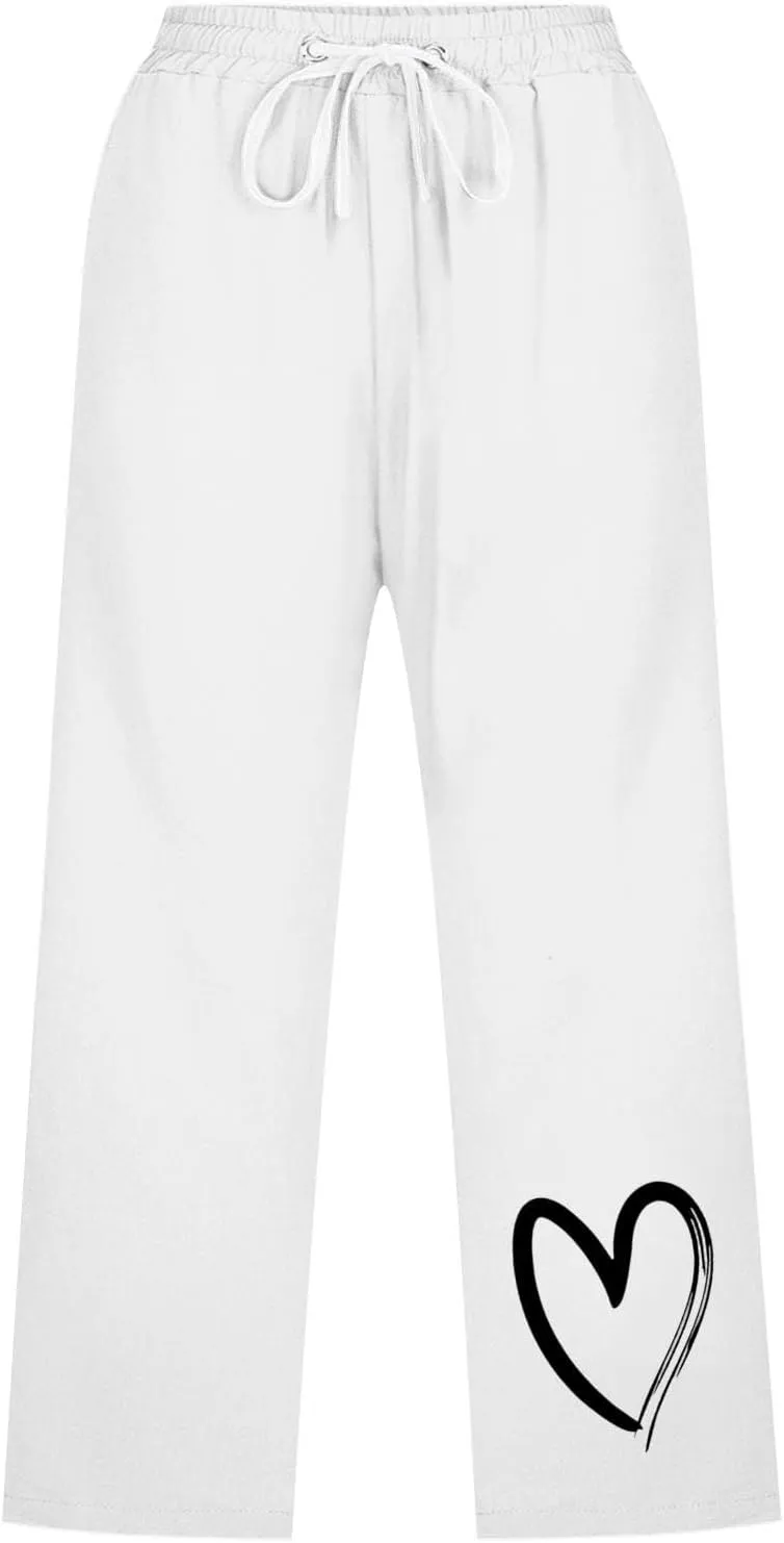 Capri Pants for Women Casual Summer Linen Heart Print Capris Drawstring Elastic Waist Cropped Trouser with Pockets