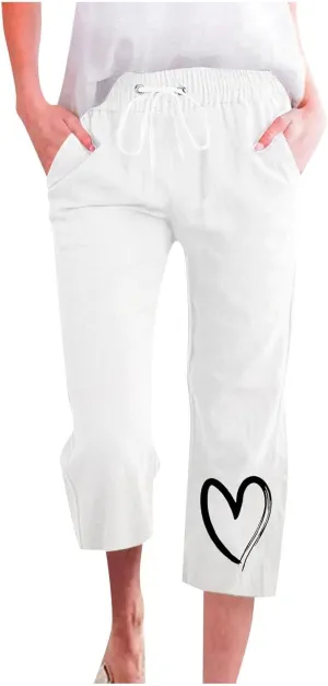 Capri Pants for Women Casual Summer Linen Heart Print Capris Drawstring Elastic Waist Cropped Trouser with Pockets