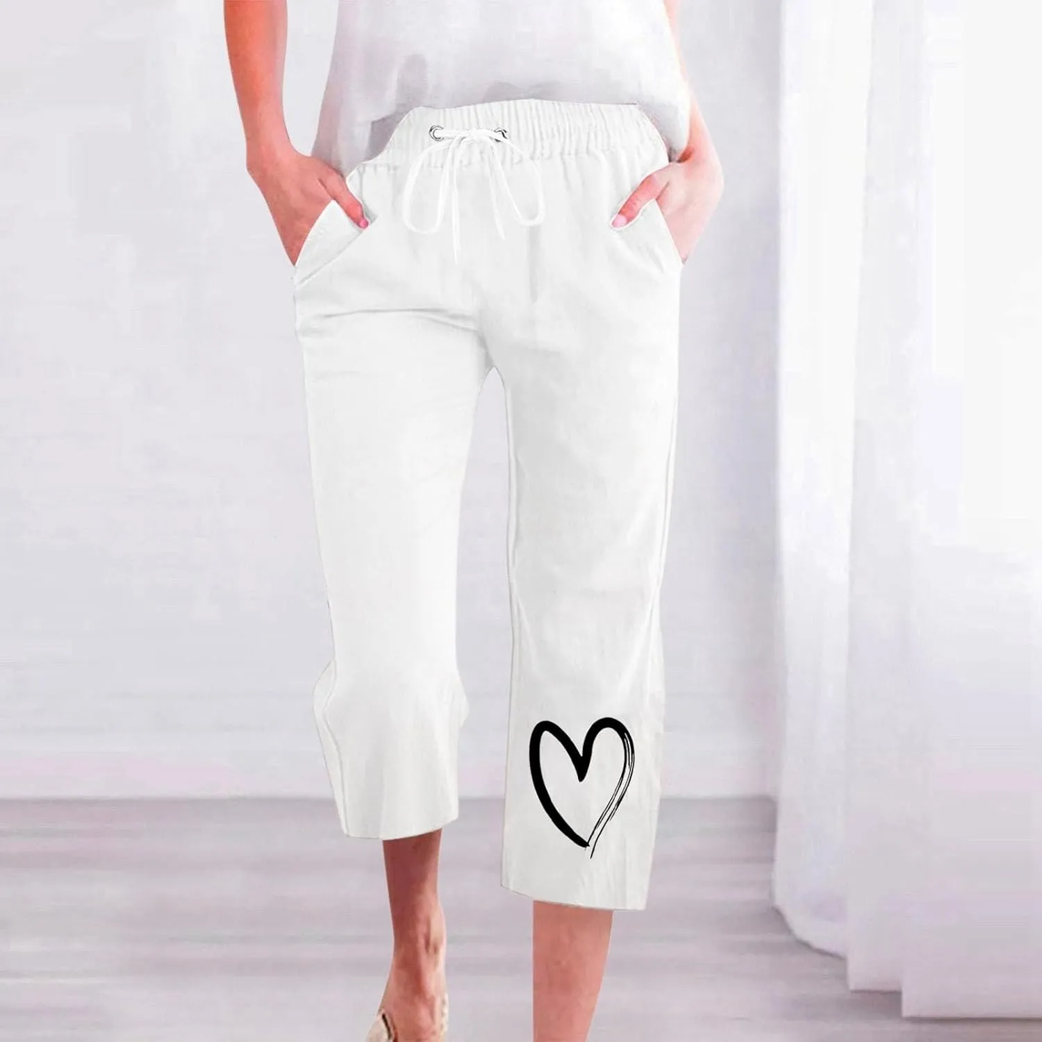 Capri Pants for Women Casual Summer Linen Heart Print Capris Drawstring Elastic Waist Cropped Trouser with Pockets