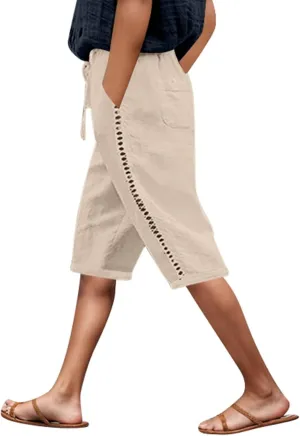 Capri Pants for Women Cotton Linen Capris Drawstring Elastic Waist Side Hollow Out Pants Straight Leg Cropped Trouser