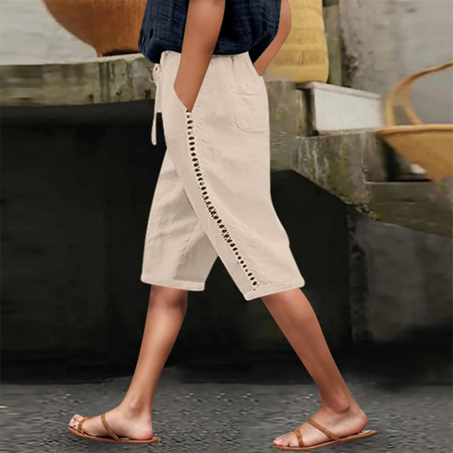 Capri Pants for Women Cotton Linen Capris Drawstring Elastic Waist Side Hollow Out Pants Straight Leg Cropped Trouser