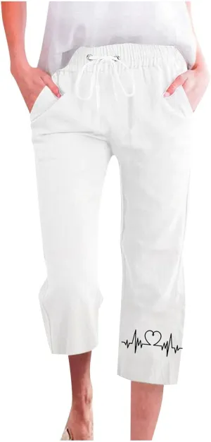 Capris Pants for Women Cotton Linen Casual Summer Straight Leg ECG Print Drawstring Elastic Waist Cropped Trouser