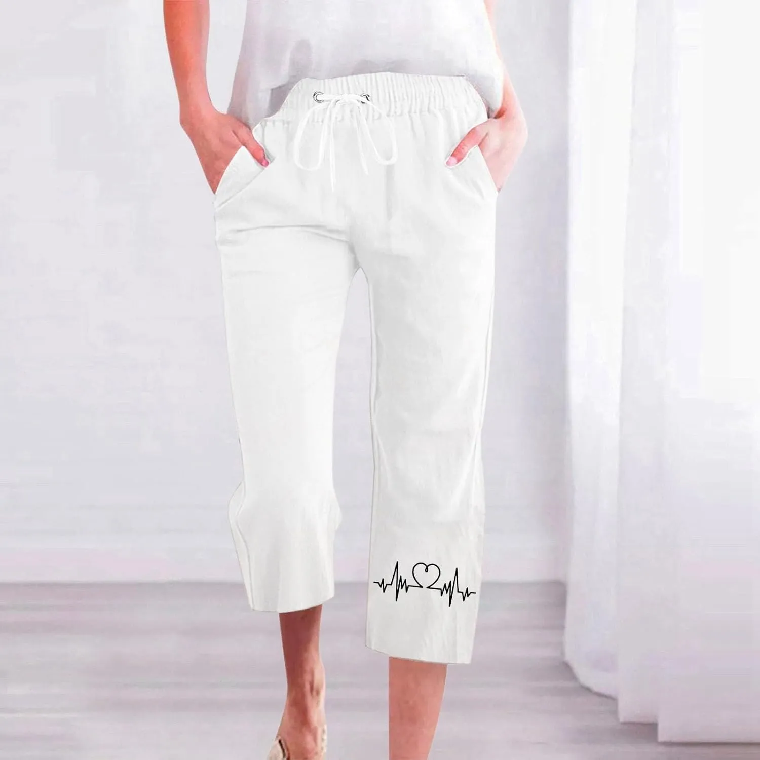 Capris Pants for Women Cotton Linen Casual Summer Straight Leg ECG Print Drawstring Elastic Waist Cropped Trouser