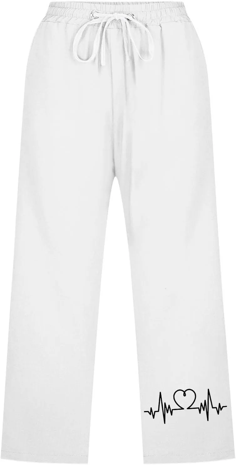 Capris Pants for Women Cotton Linen Casual Summer Straight Leg ECG Print Drawstring Elastic Waist Cropped Trouser