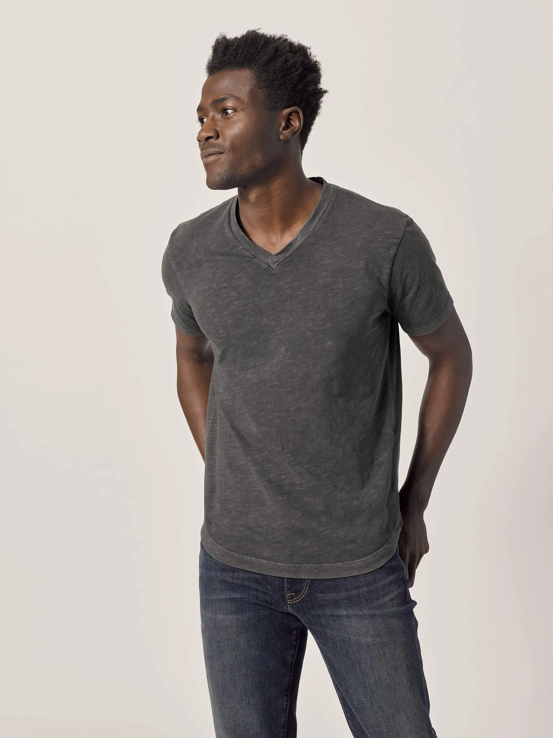 Coal Venice Wash Slub Curved Hem V-Neck