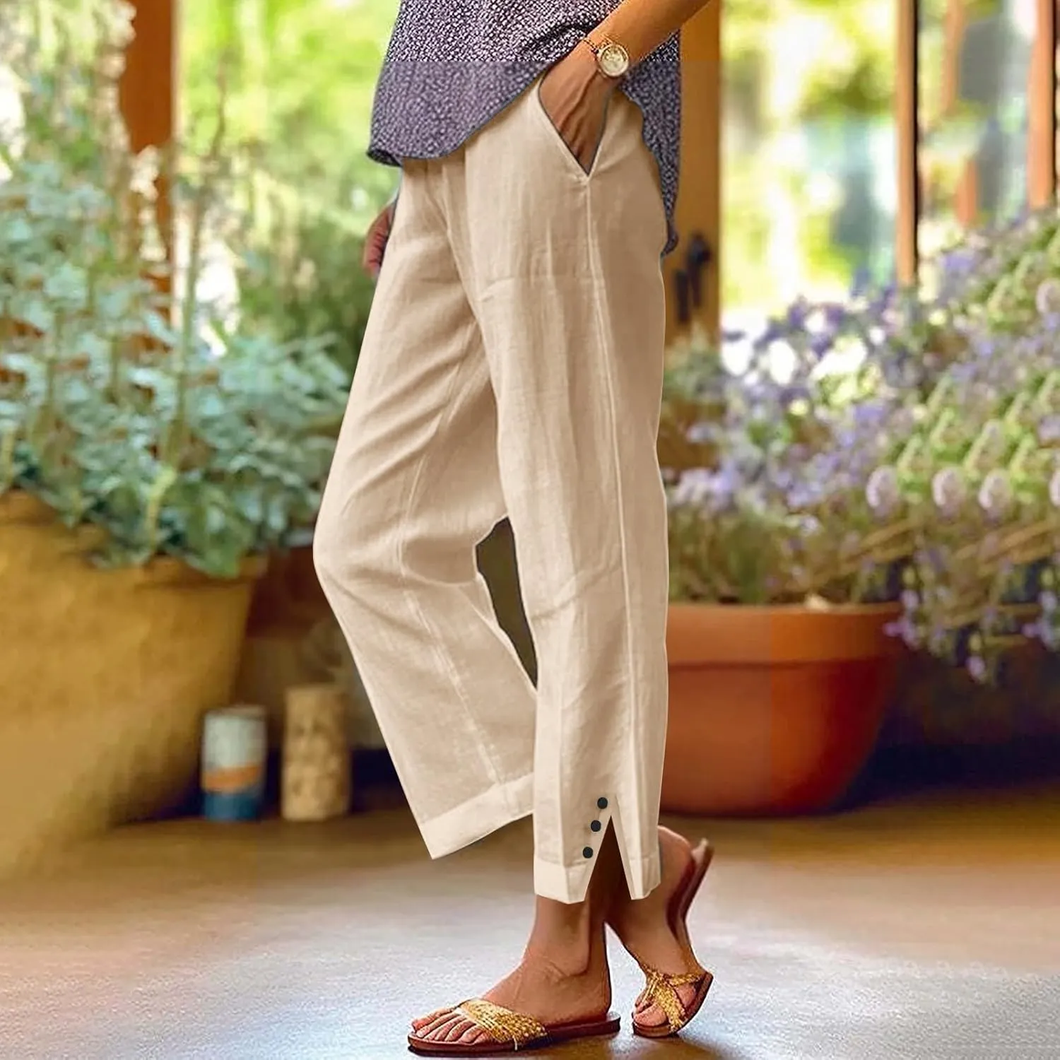 Cotton Linen Pants Women Summer Elastic Waist Straight Leg Plus Size Crop Pants Casual Beach Trousers with Pockets