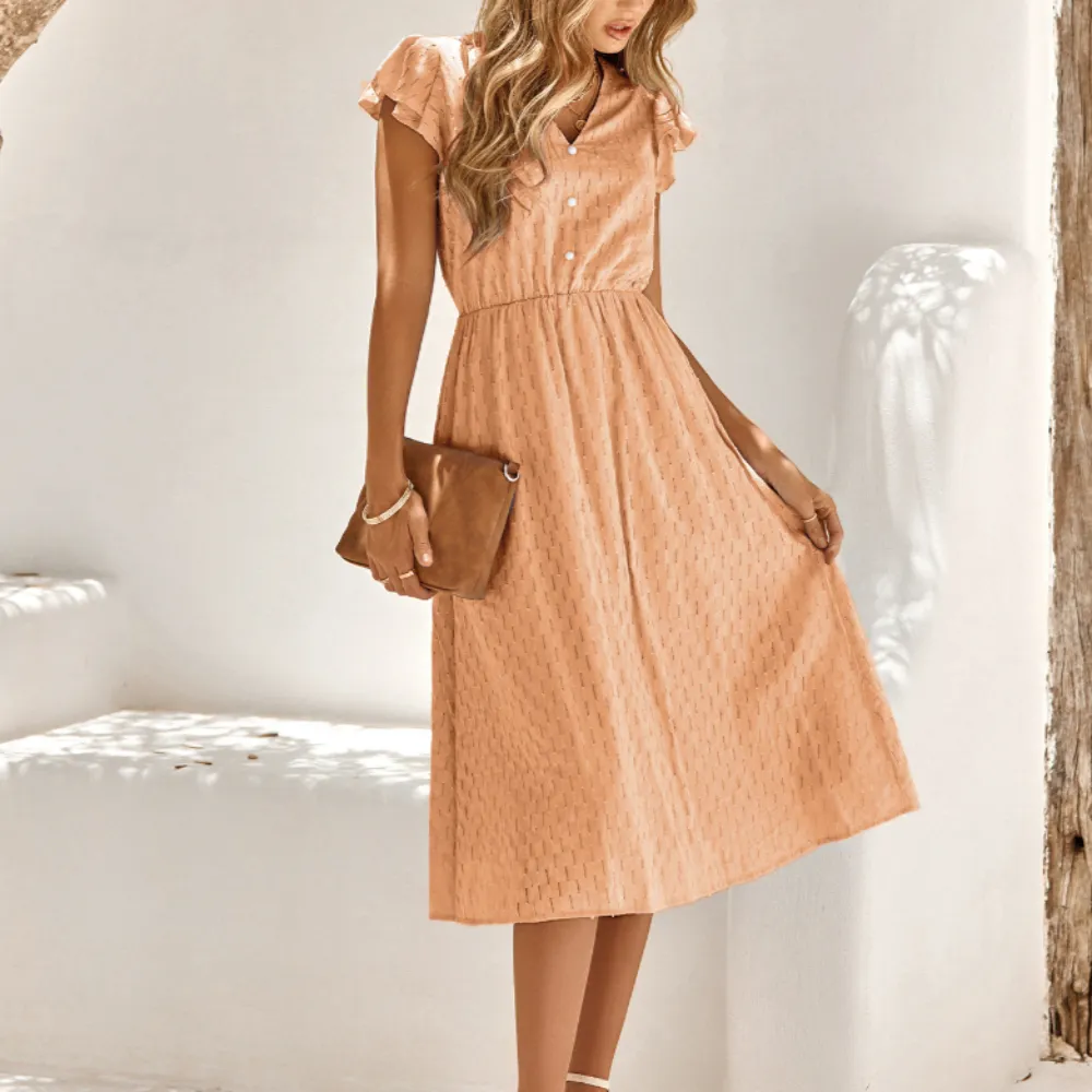 Elegant V Neck Ruffled Sleeve Summer Dress for Women