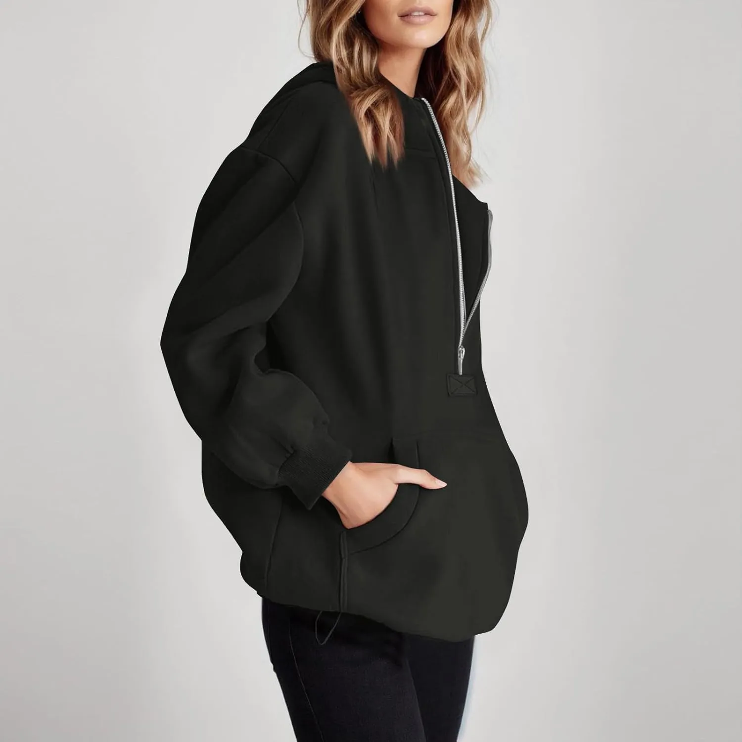Fleece Oversized Hoodie Women Loose Fit Half Zip Pullover Sweatshirts Trendy Drawstring Hem Jacket with Pockets
