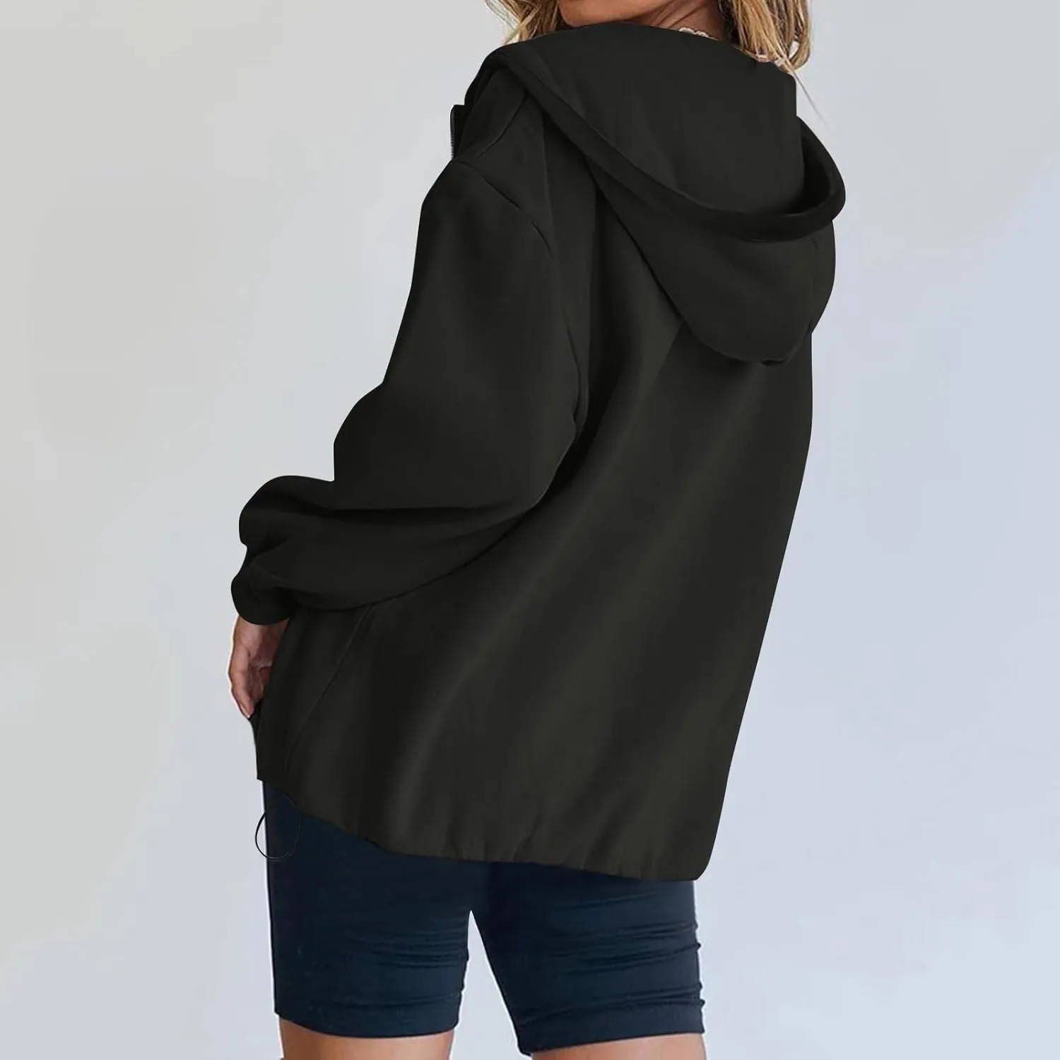 Fleece Oversized Hoodie Women Loose Fit Half Zip Pullover Sweatshirts Trendy Drawstring Hem Jacket with Pockets