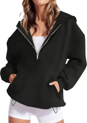 Fleece Oversized Hoodie Women Loose Fit Half Zip Pullover Sweatshirts Trendy Drawstring Hem Jacket with Pockets