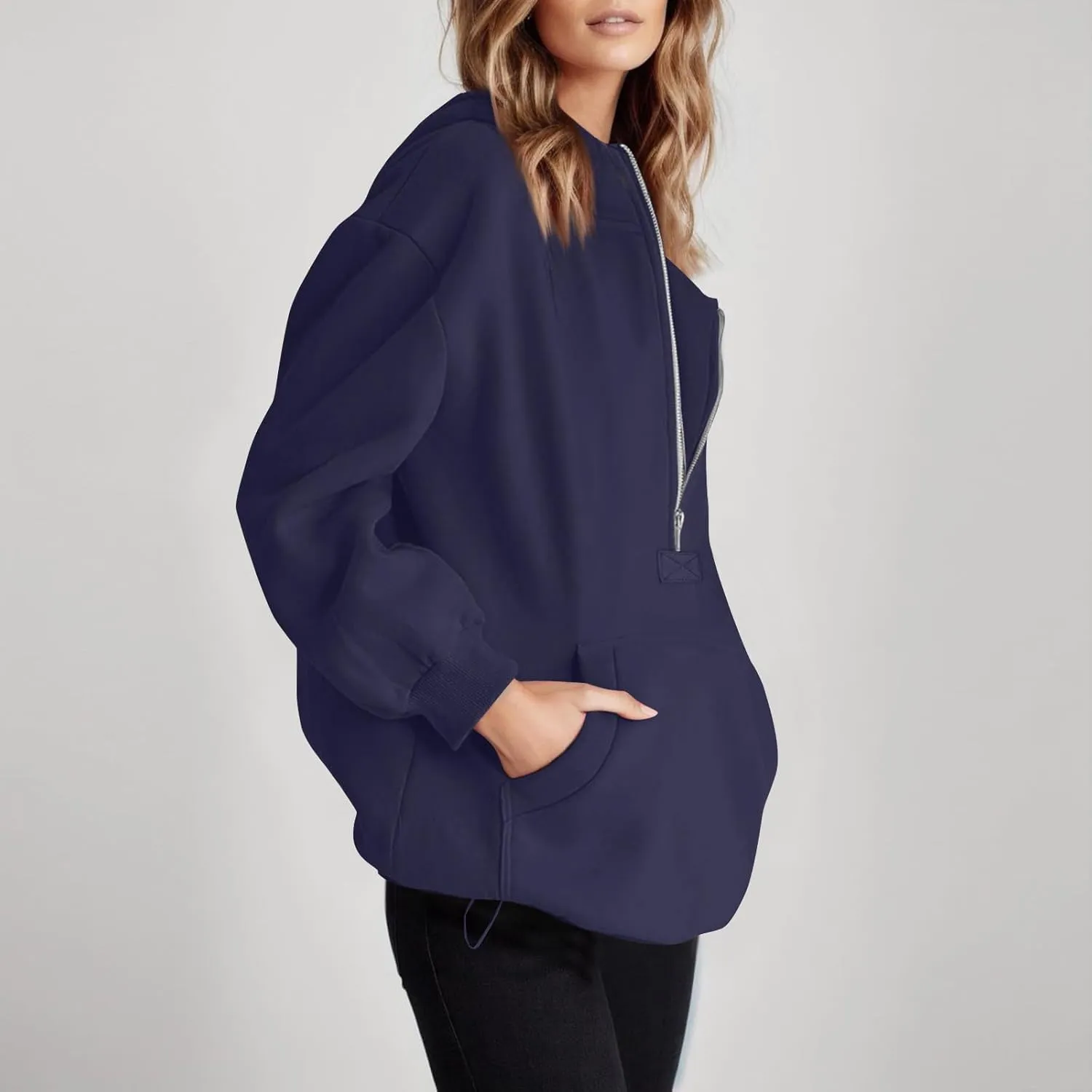 Fleece Oversized Hoodie Women Loose Fit Half Zip Pullover Sweatshirts Trendy Drawstring Hem Jacket with Pockets
