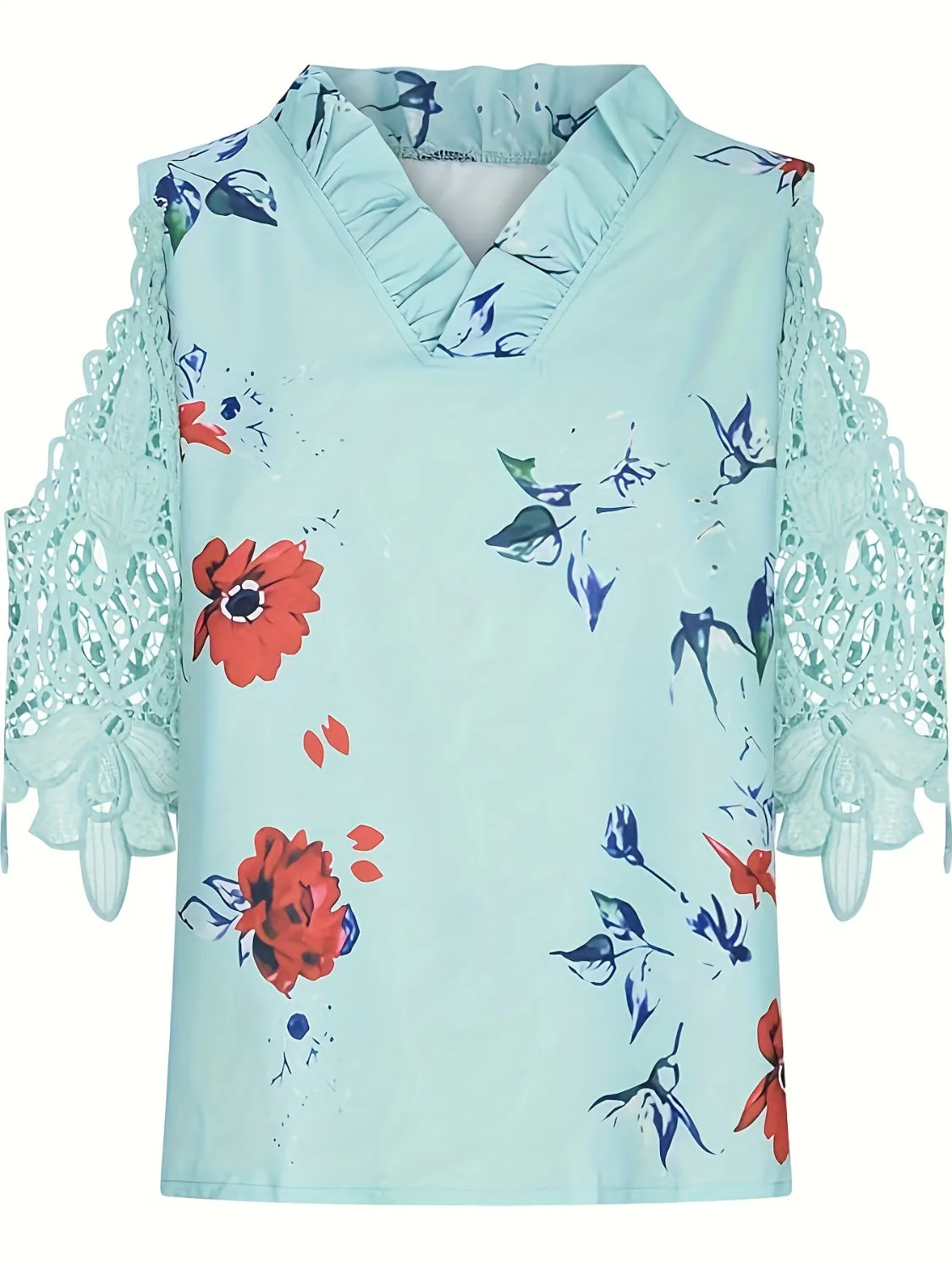 Full Size Lace Printed Half Sleeve Blouse