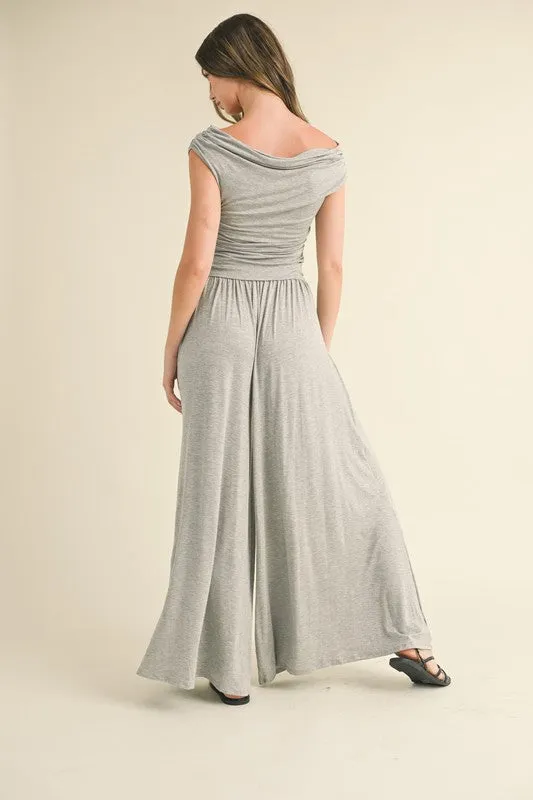 H Grey Off Shoulder Top With Shirring And Palazzo Pants