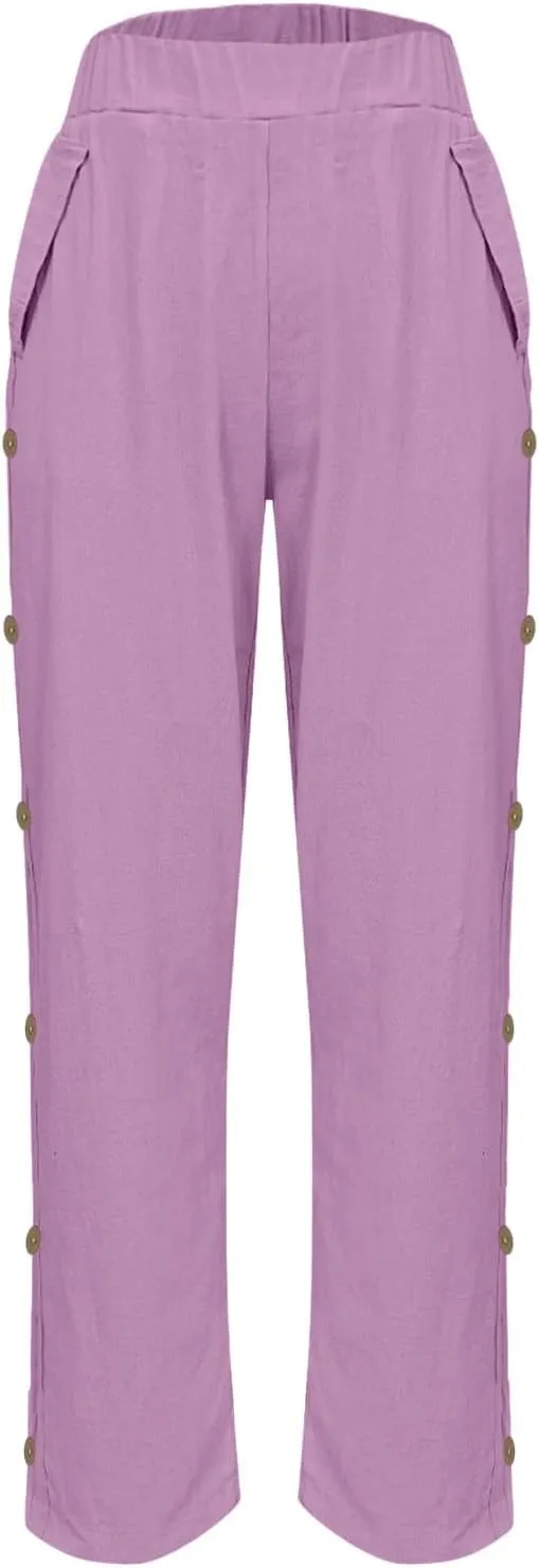 Linen Pants Women Plus Size Summer Side Button Elastic Waist Harem Pants Casual Loose Trousers Vacation Outfits