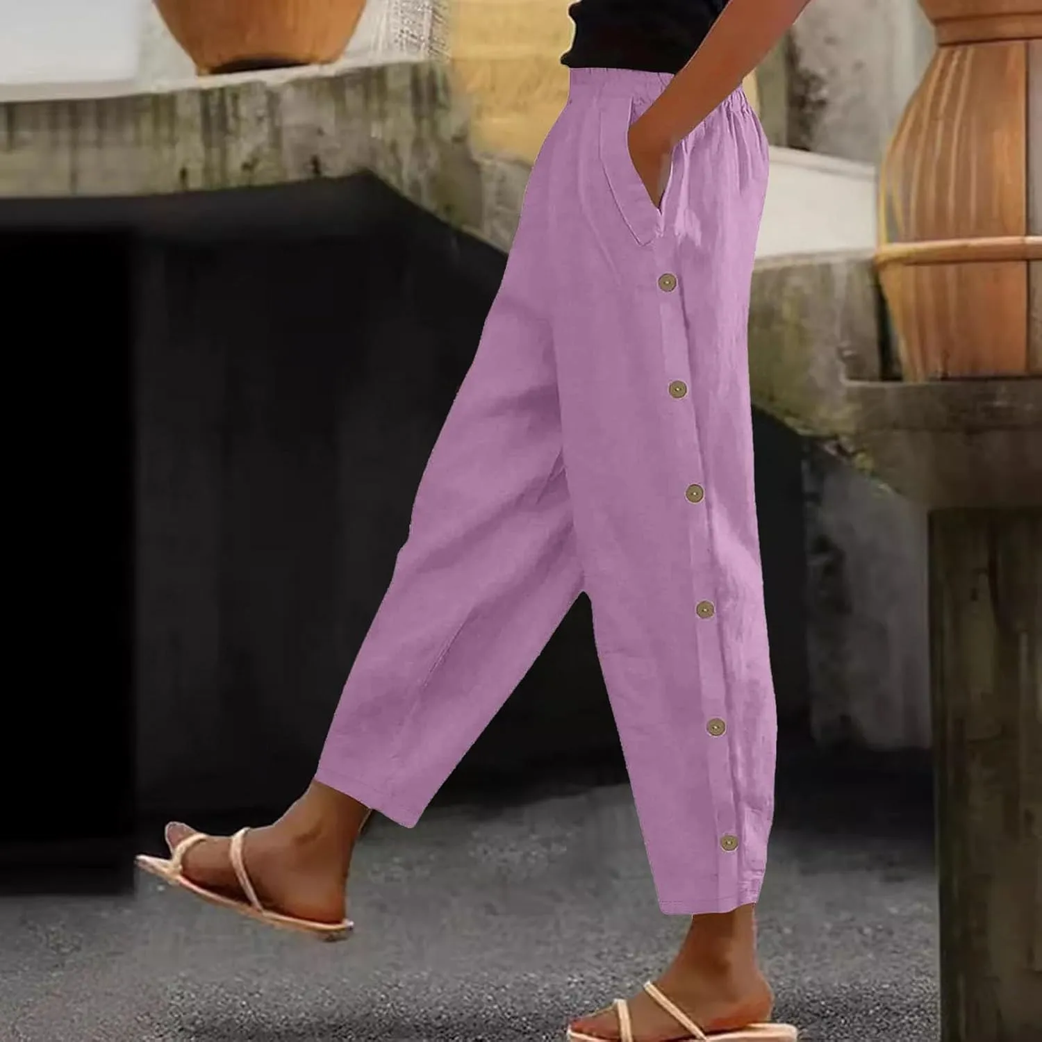 Linen Pants Women Plus Size Summer Side Button Elastic Waist Harem Pants Casual Loose Trousers Vacation Outfits