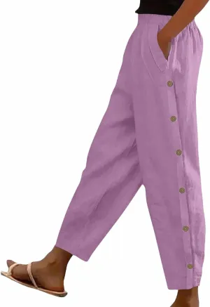 Linen Pants Women Plus Size Summer Side Button Elastic Waist Harem Pants Casual Loose Trousers Vacation Outfits