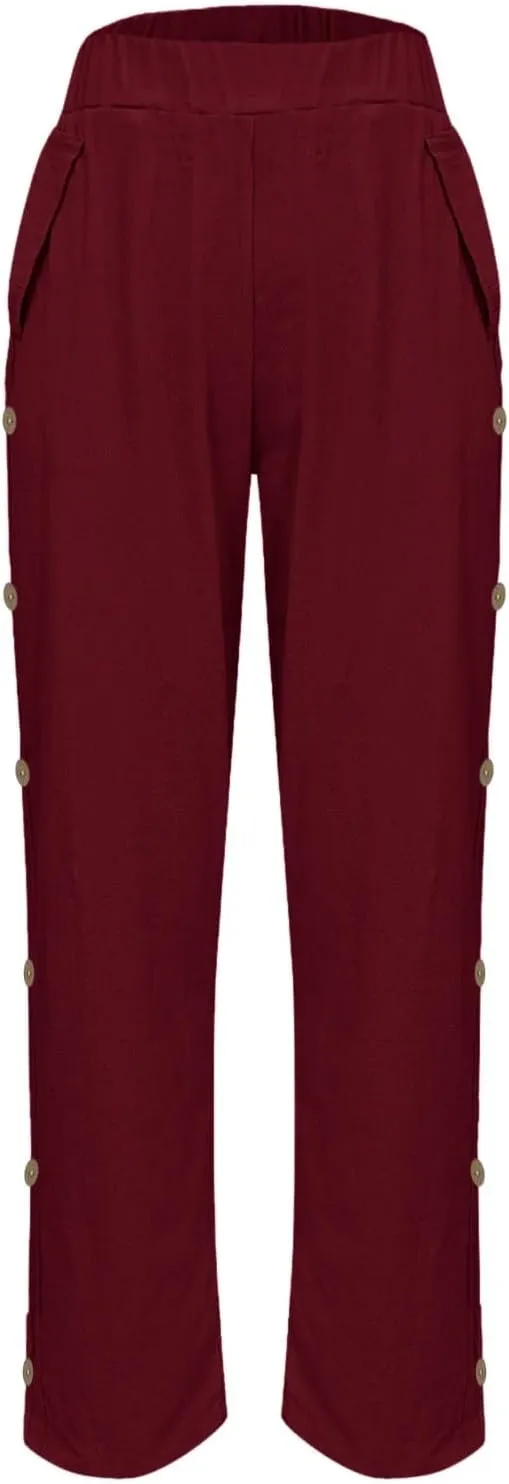Linen Pants Women Plus Size Summer Side Button Elastic Waist Harem Pants Casual Loose Trousers Vacation Outfits