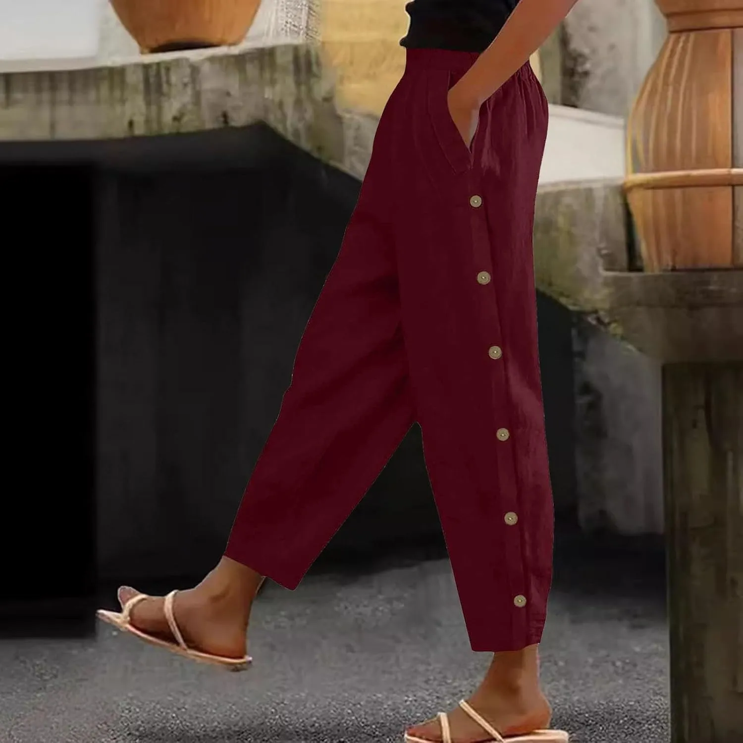 Linen Pants Women Plus Size Summer Side Button Elastic Waist Harem Pants Casual Loose Trousers Vacation Outfits
