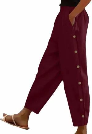 Linen Pants Women Plus Size Summer Side Button Elastic Waist Harem Pants Casual Loose Trousers Vacation Outfits