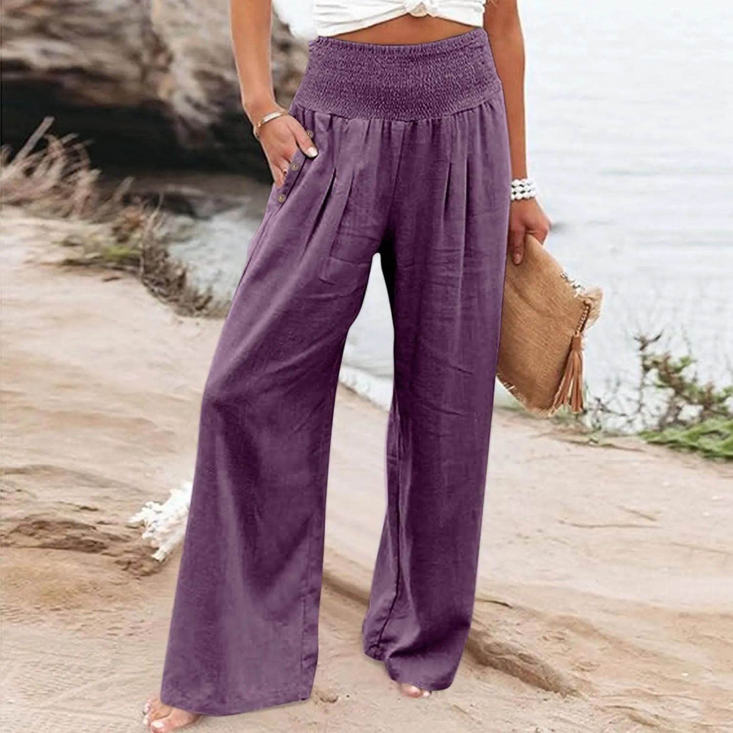 Linen Wide Leg Pants for Women Summer Casual Pleated Elastic High Waistband Palazzo Trousers Beach Yoga Trousers with Pockets