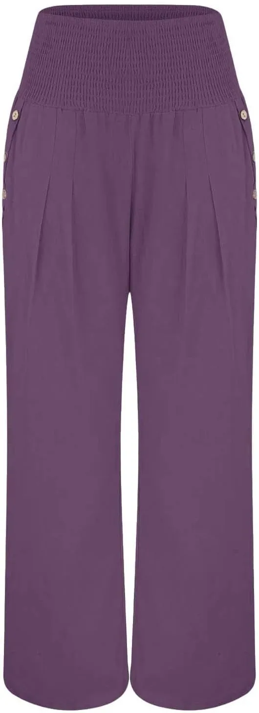 Linen Wide Leg Pants for Women Summer Casual Pleated Elastic High Waistband Palazzo Trousers Beach Yoga Trousers with Pockets