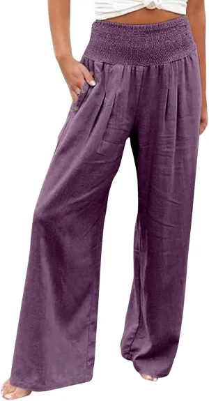 Linen Wide Leg Pants for Women Summer Casual Pleated Elastic High Waistband Palazzo Trousers Beach Yoga Trousers with Pockets