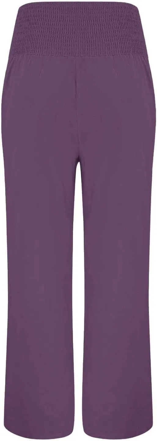 Linen Wide Leg Pants for Women Summer Casual Pleated Elastic High Waistband Palazzo Trousers Beach Yoga Trousers with Pockets