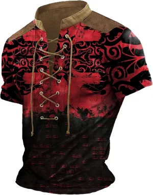 MARSVOVO Men Lace Up V Neck Short Sleeve Fashion Street Style Big and Tall Hip Hop Shirts for Men