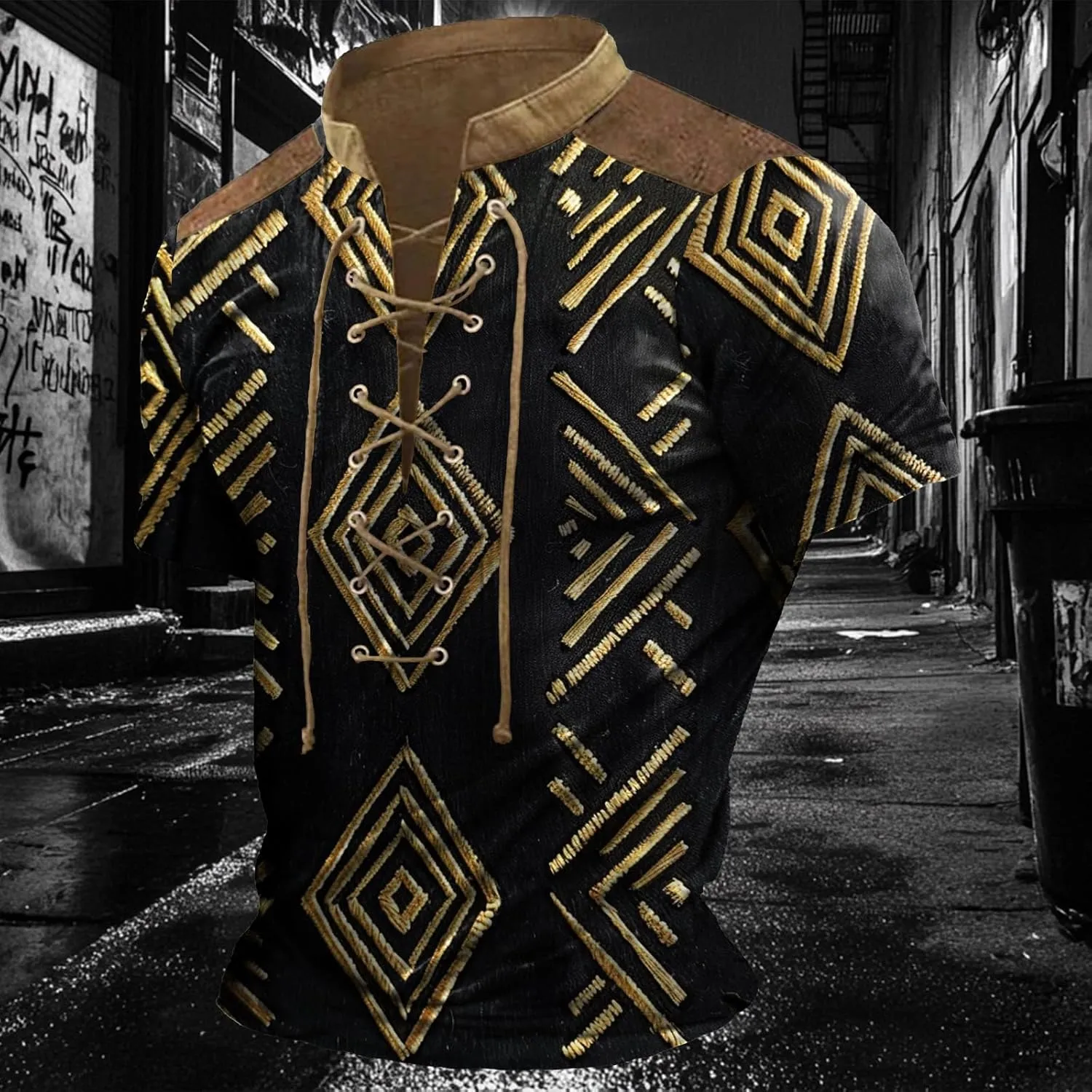 MARSVOVO Men Lace Up V Neck Short Sleeve Fashion Street Style Big and Tall Hip Hop Shirts for Men