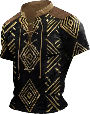 MARSVOVO Men Lace Up V Neck Short Sleeve Fashion Street Style Big and Tall Hip Hop Shirts for Men