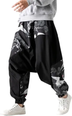 Men's Drawstring Boho Hippie Harem Pants Flying Crane Loose Drop Crotch Trousers Calligraphy Print Yoga Genie Pants (Black-1,4XL,Men,Male,Adult,US,Alpha,30.99,4X-Large,Regular,Regular)