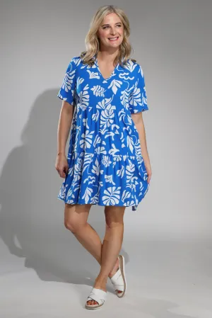Nehru collar Tiered Dress | Marine White Palm | 3353A1
