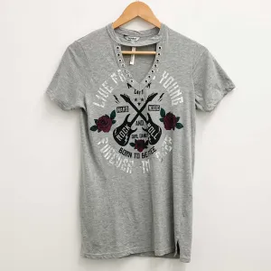 Pep&Co Grey Rock Printed Graphic Cut Out Neck T-Shirt UK 8