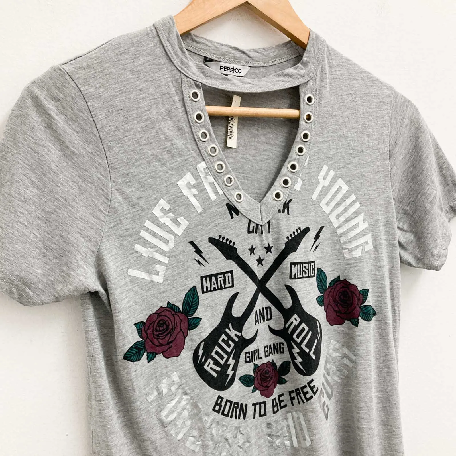 Pep&Co Grey Rock Printed Graphic Cut Out Neck T-Shirt UK 8