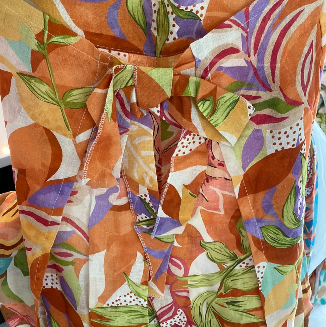 Print Tie Front Linen Pant