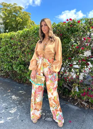 Print Tie Front Linen Pant