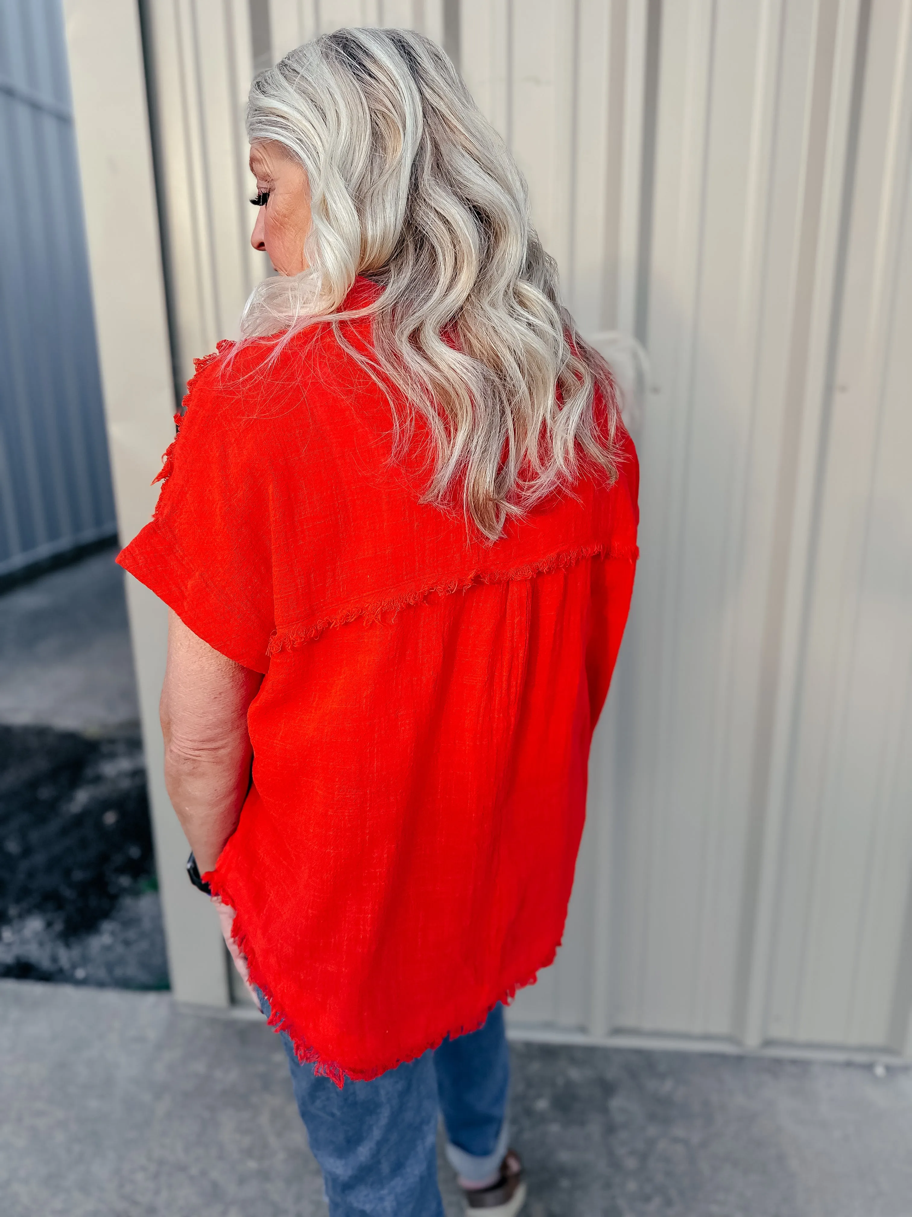 Rena Raw Edge Dolman Short Sleeve Blouse Red