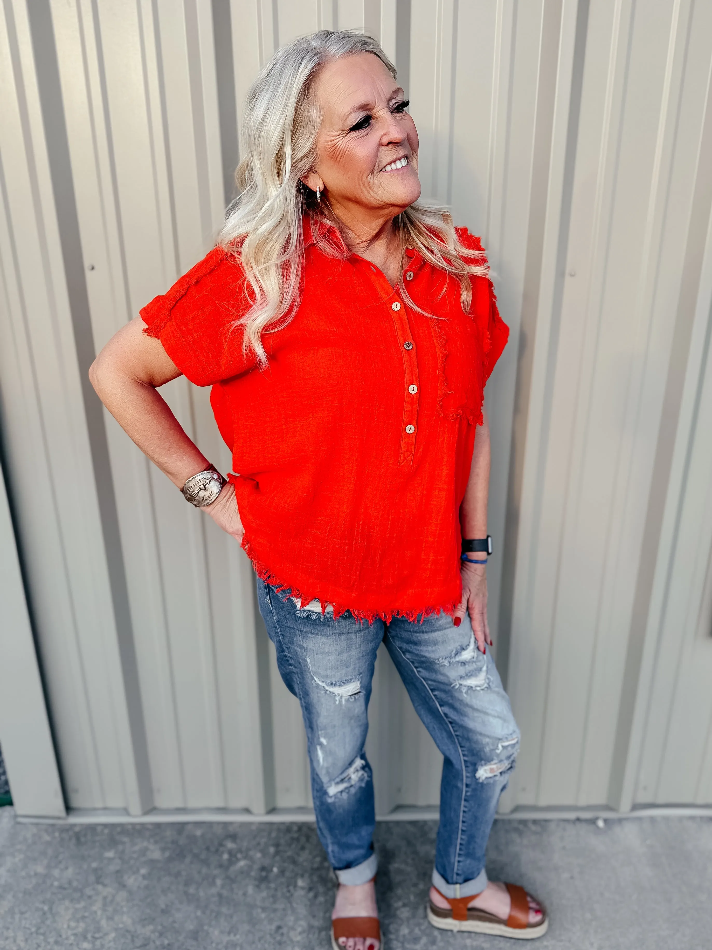 Rena Raw Edge Dolman Short Sleeve Blouse Red