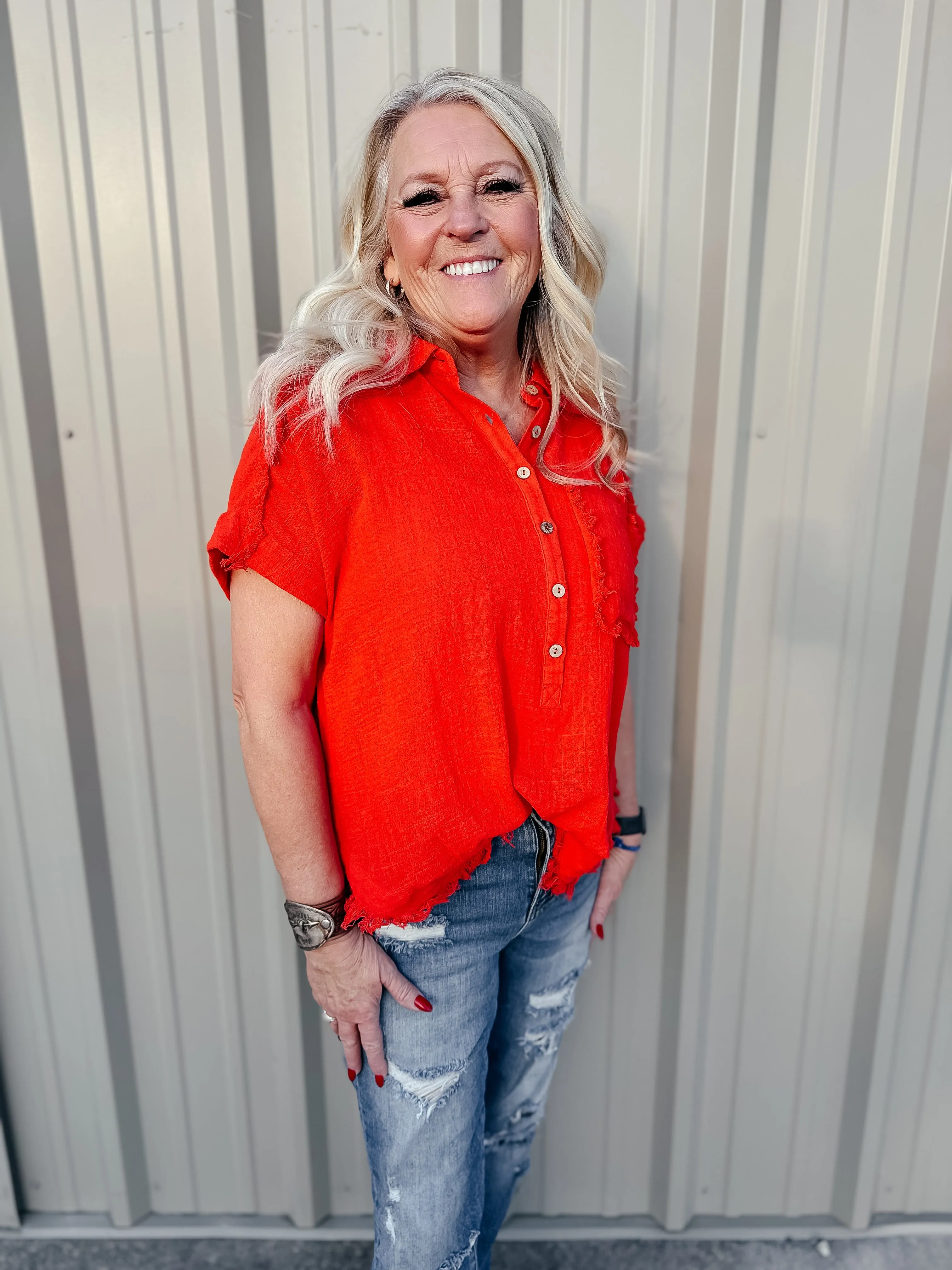 Rena Raw Edge Dolman Short Sleeve Blouse Red