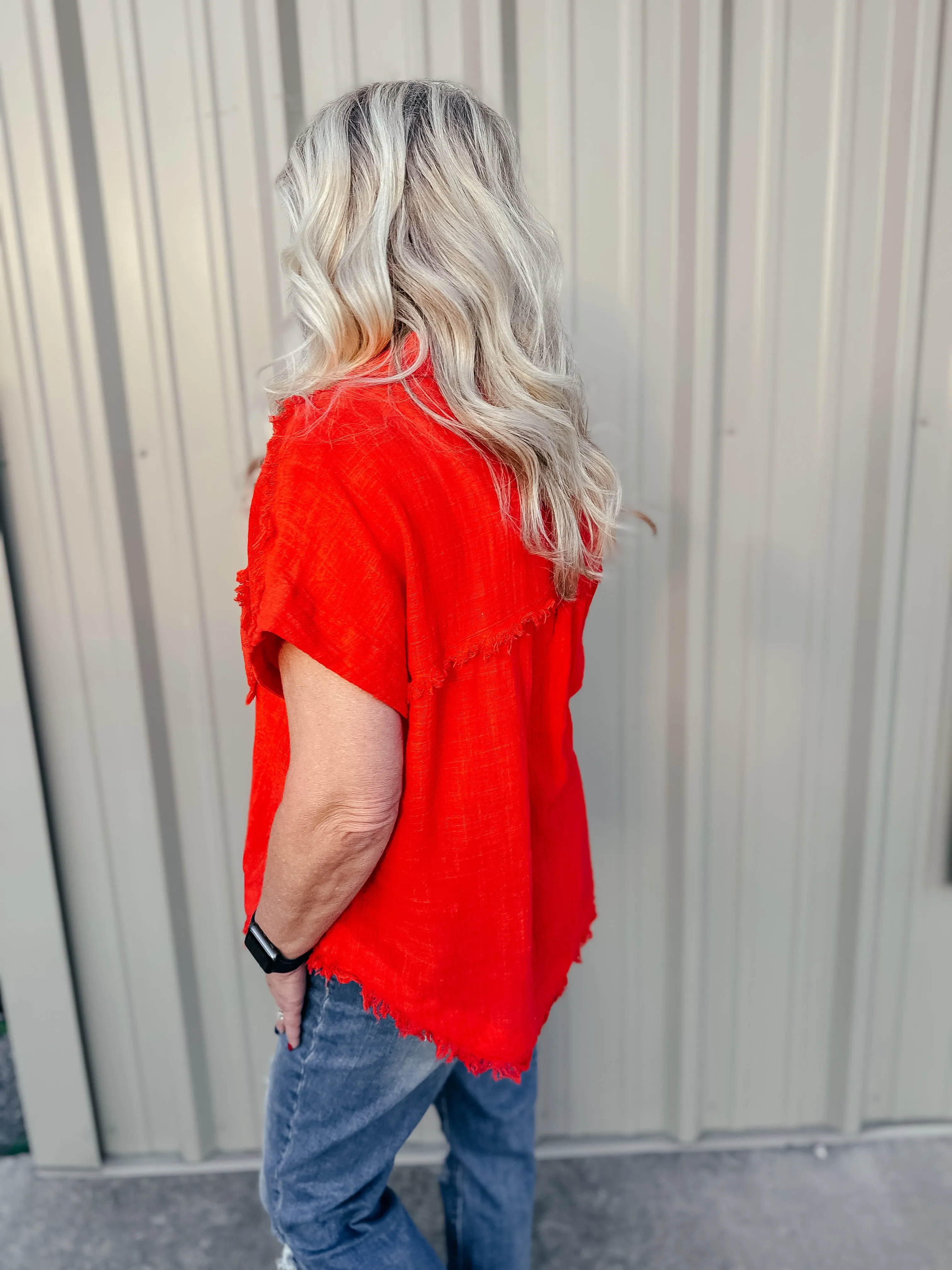 Rena Raw Edge Dolman Short Sleeve Blouse Red