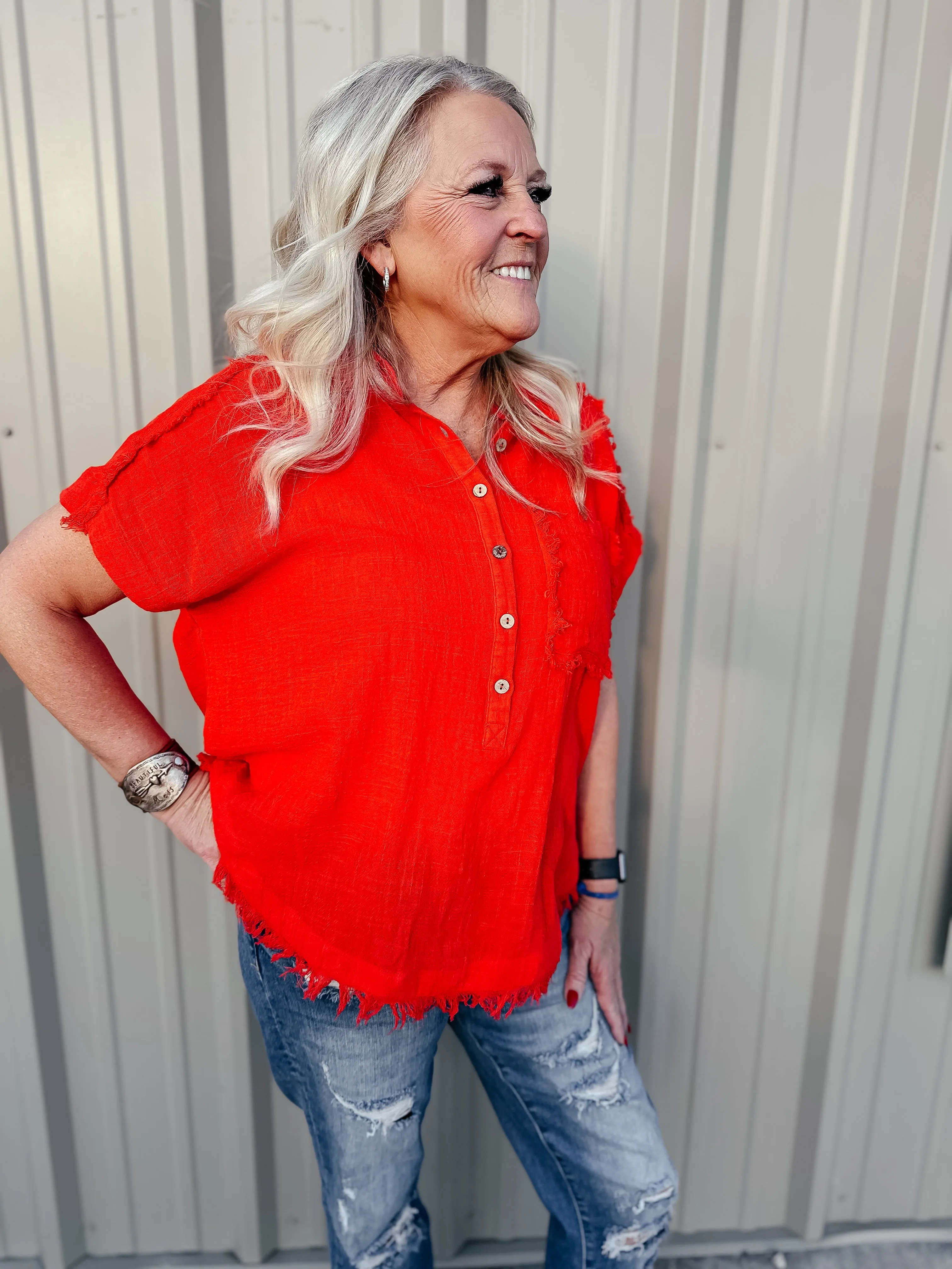 Rena Raw Edge Dolman Short Sleeve Blouse Red