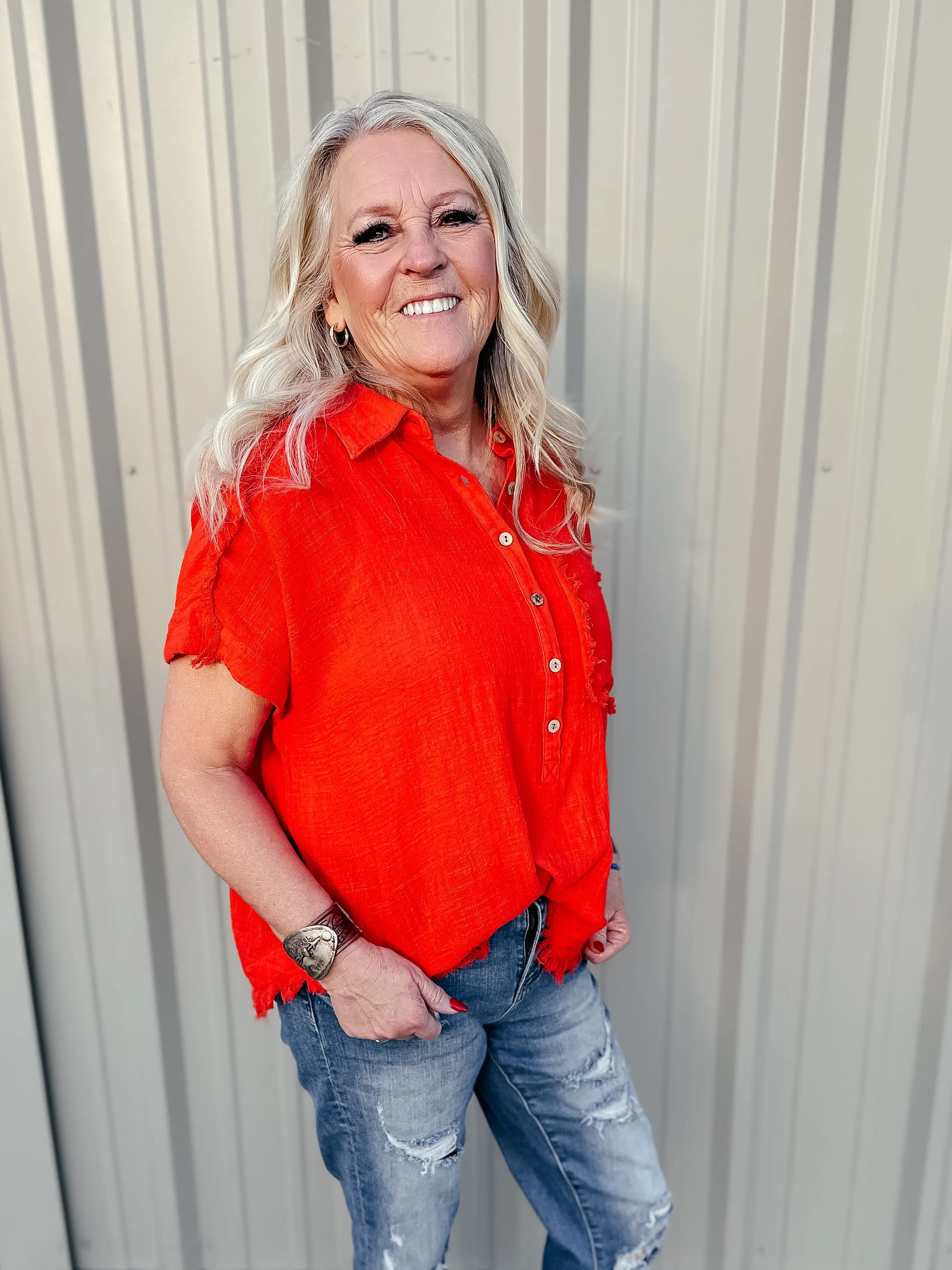Rena Raw Edge Dolman Short Sleeve Blouse Red