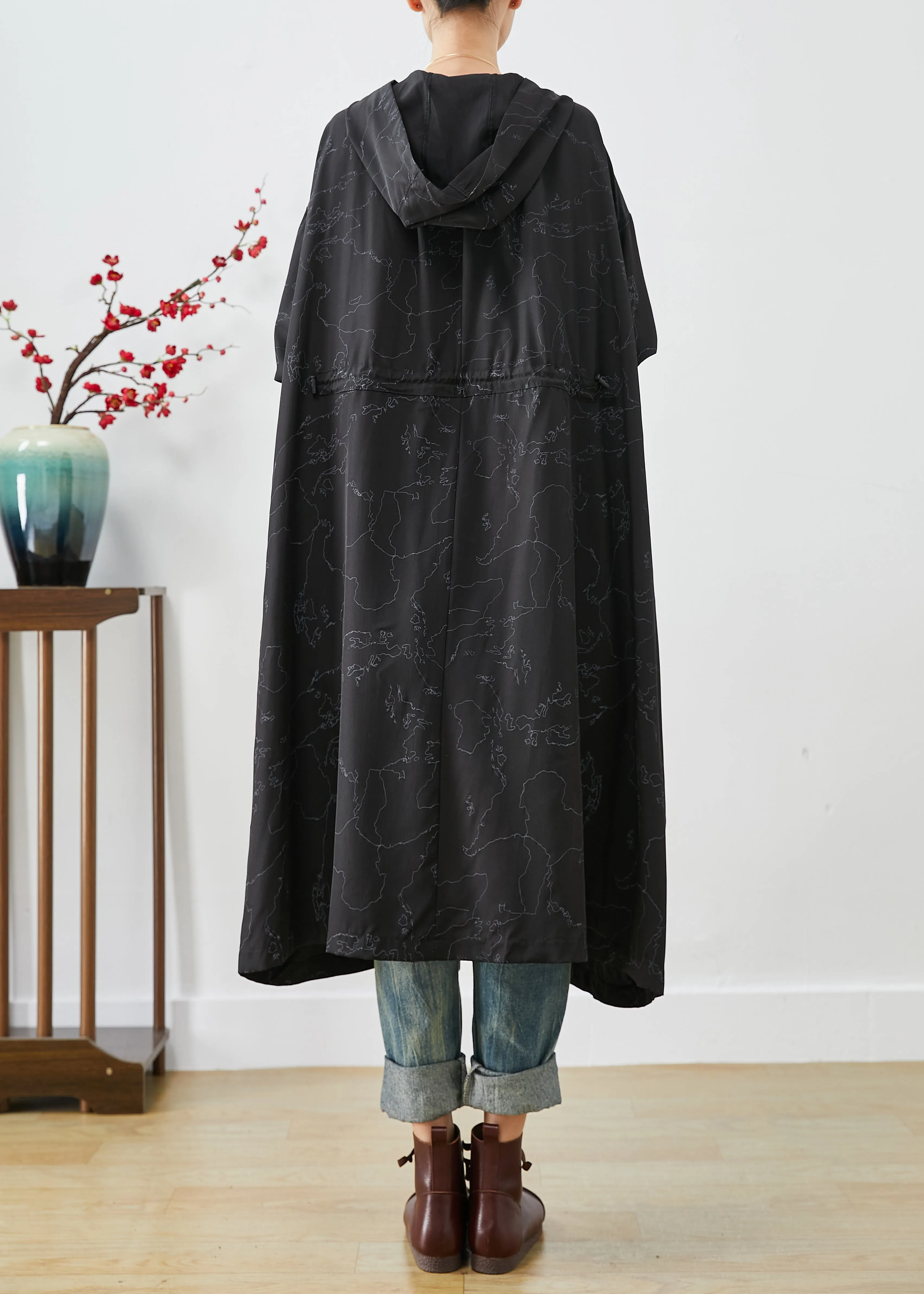 Stylish Black Asymmetrical Oversized Print Drawstring Trench Coats Fall