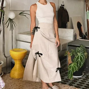 Uniwim Fairy Coquette Women's Ruched Long Skirts Vintage High Waist Solid Color Bow Midi Skirts Flowy Skirts Y2K Aesthetic Retro