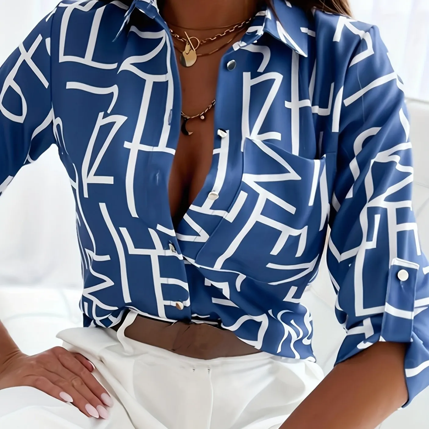 V-neck Print Long Sleeve Trim Spring Fall Blouse